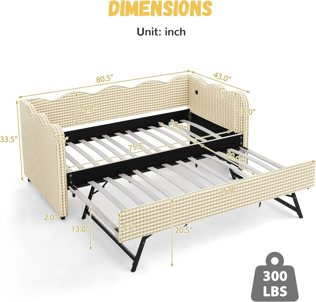 Twin Size Gingham Daybed with Trundle and USB Ports | Upholstered Daybed Living Room Guest Room-Brown
