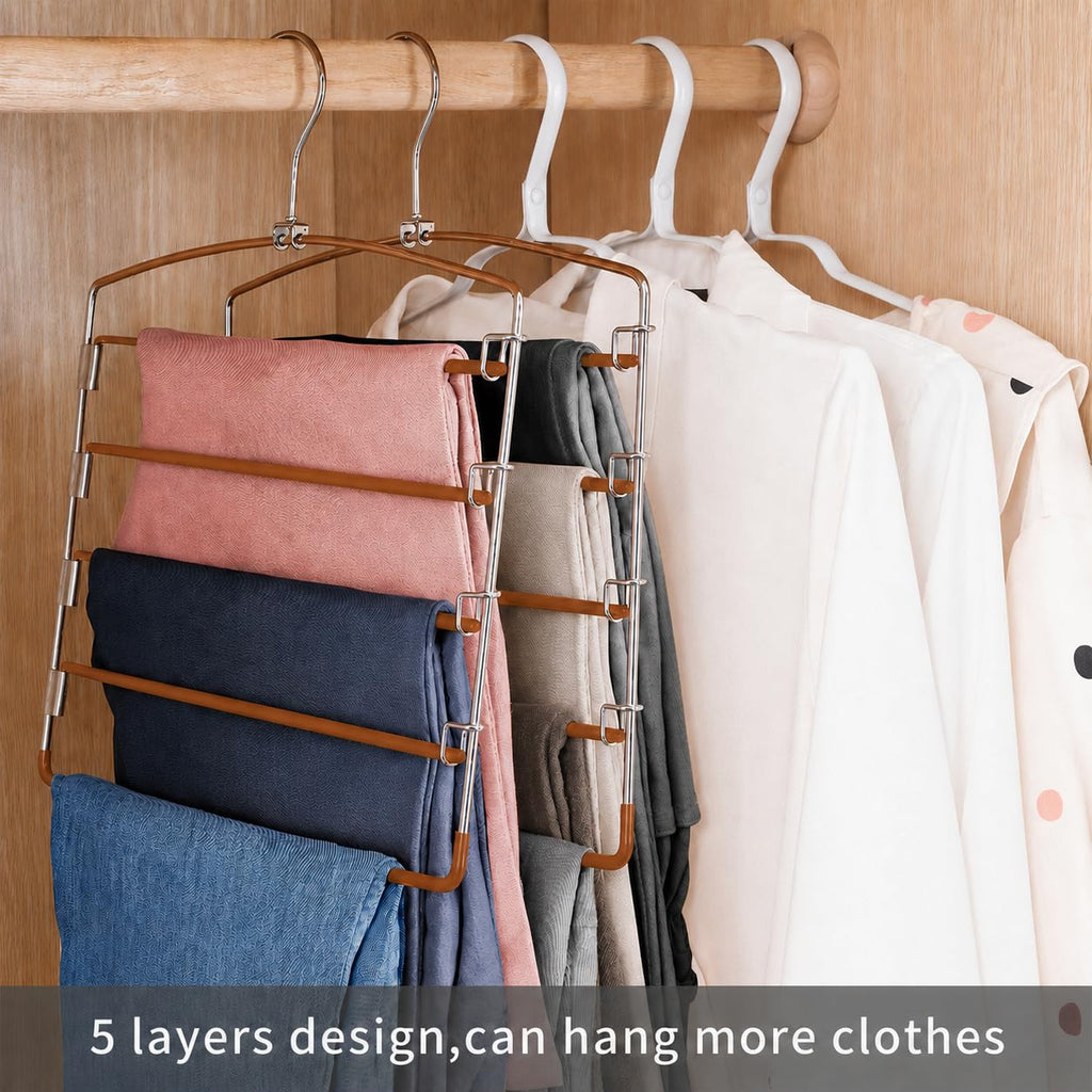 Pants Hangers Space Saving 3 Pack 5 Layer Swing Arm Hanger Brown