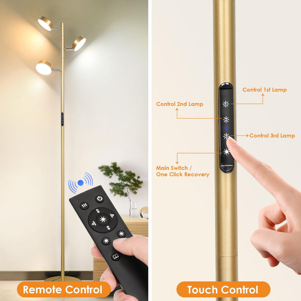 Gold Floor Lamp with Remote Modern Tall Standing Lamp Dimmable LED Brass Tree Floor Lamps with 3 Adjustable Heads