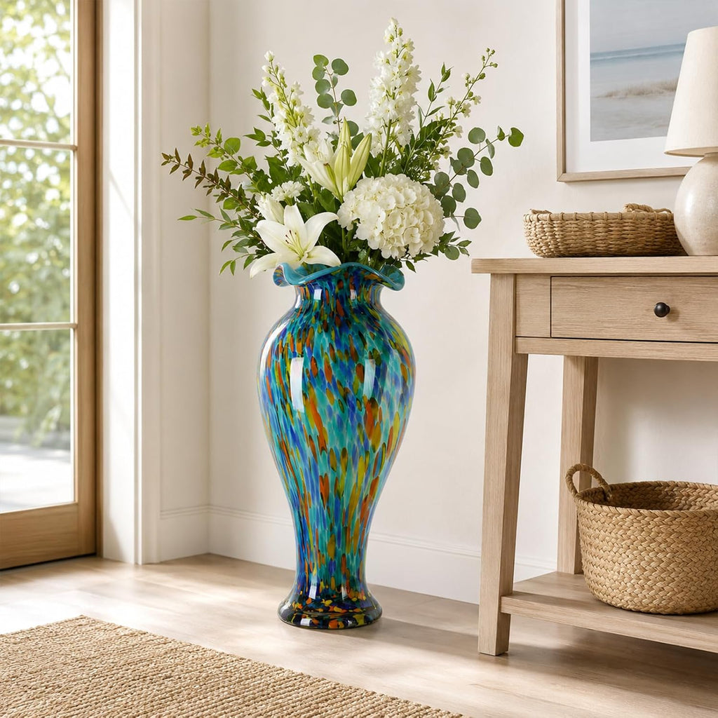 20" Tall Hand Blown Glass Vase - Pretty Ruffle Wide Mouth Decorative Flower Vase, for Modern Home Decor, Ideal
