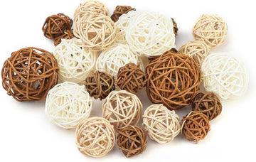 Woven Rattan Decorative Balls, 2.4" Wicker Orbs for Bowl Centerpieces & Vase Fillers, Neutral Brown & White - Set of 27