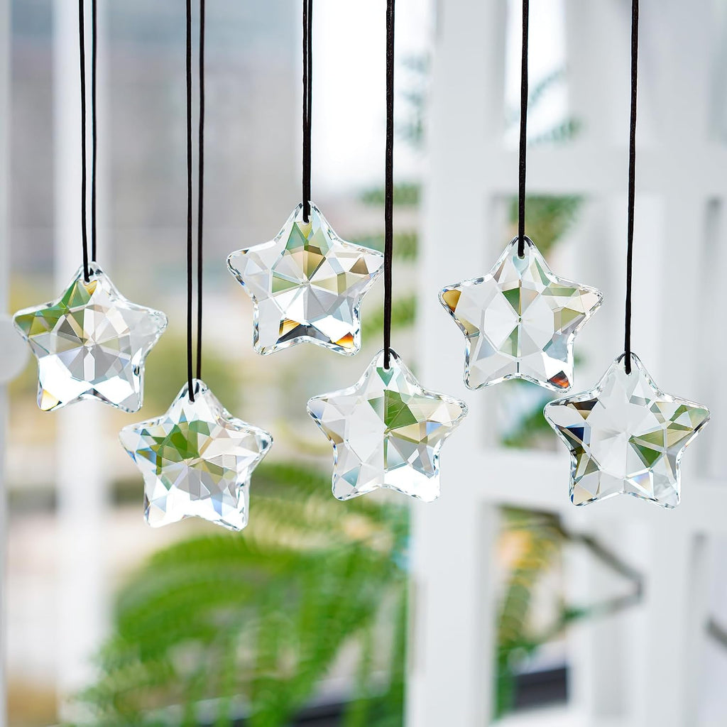 Clear Crystal Star Ornaments Faceted Christmas Hanging Decor - Set of 6