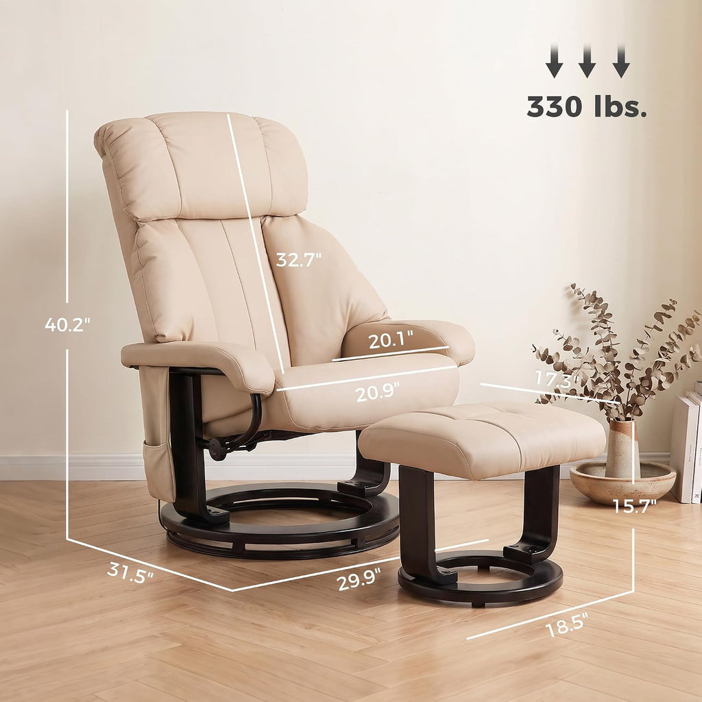 Modern Reclining Swivel Lounge Chair and Ottoman — Beige PU Leather
