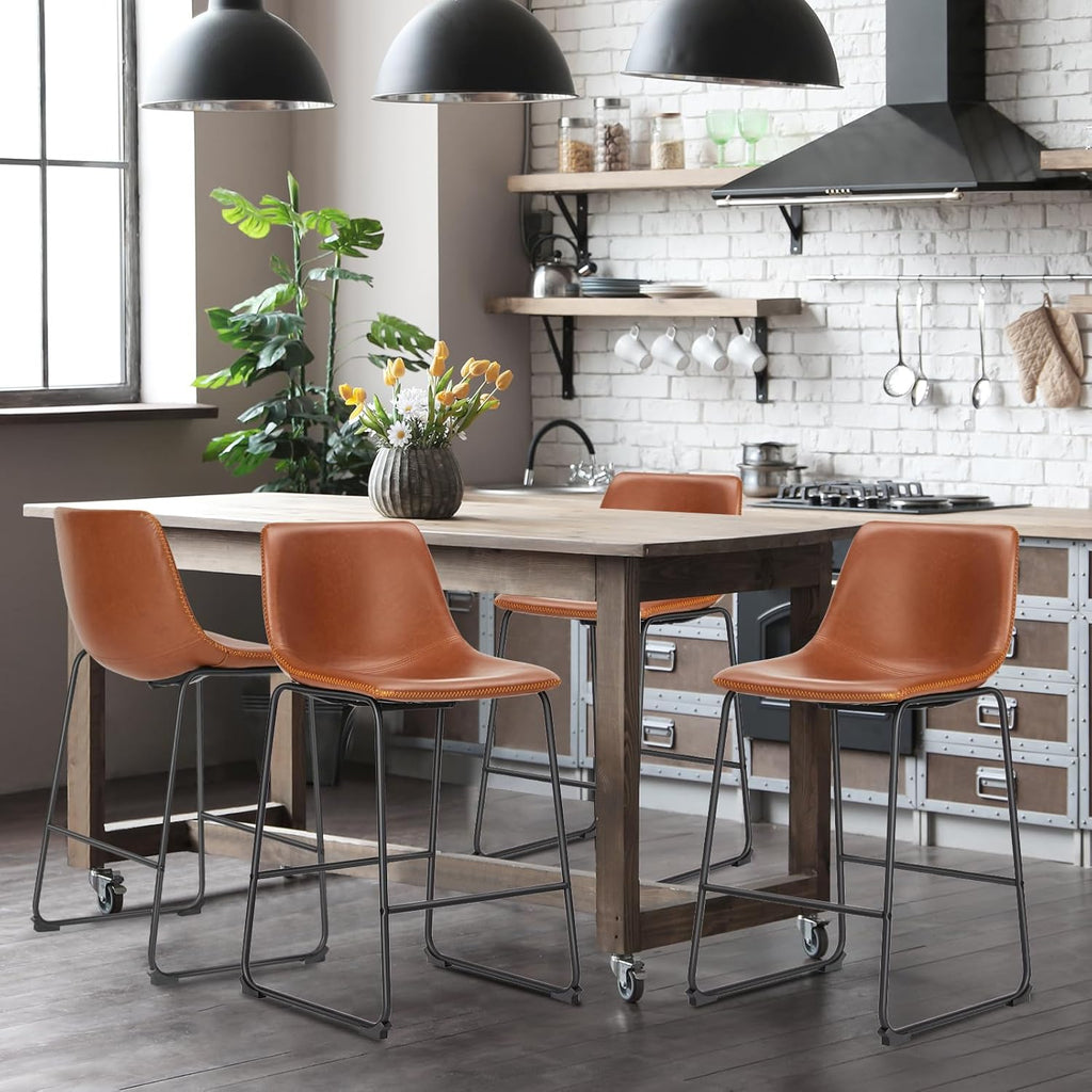 26 Inch Counter Height Bar Stools Set of 4, Modern Faux Leather High Barstools with Back and Metal Leg, Bar Chairs