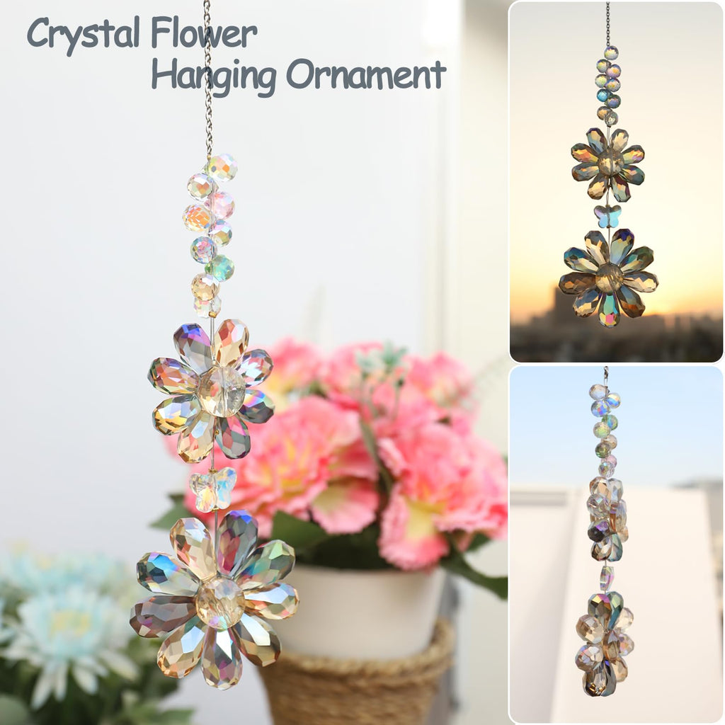 Crystal Flower Suncatcher Hanging Ornament, Window Indoor Outdoor Patio Garden Decor (Deep Multicolor)