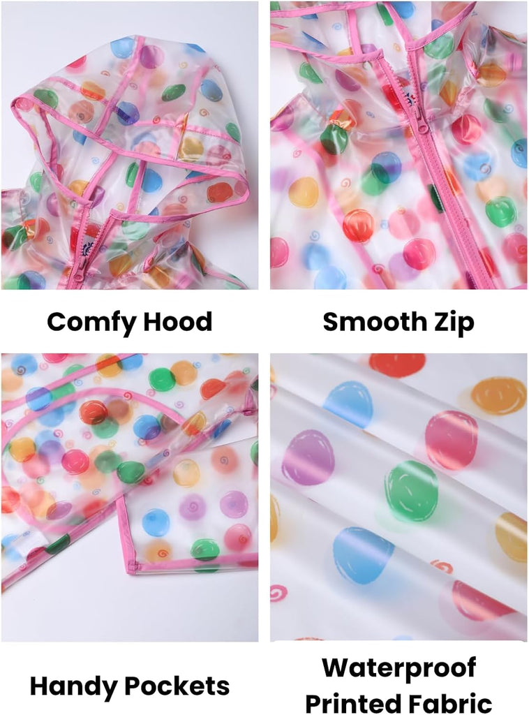 Girls Hooded Printed Rain Jacket Lightweight Water Resistant Raincoat with Zipper