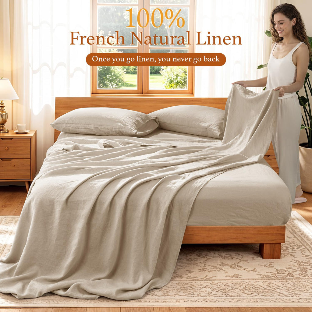 100% Pure Linen Sheets Set, French Linen Flax Bed Sheets 4 Pcs