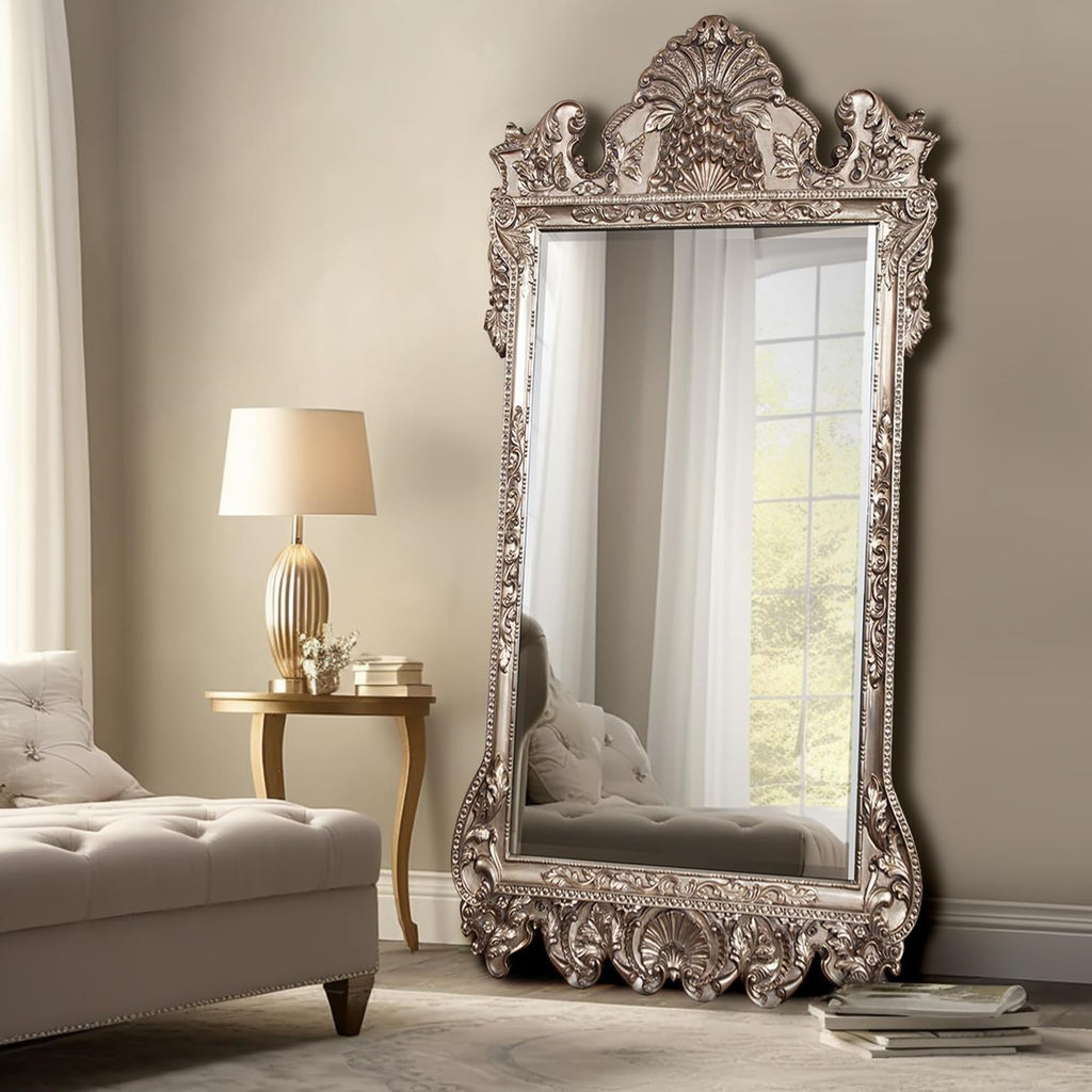 Marquette Antique Oversized Full Length Mirror, Ornate Full Body Standing Floor Mirror, Large Leaning Wall Mirror
