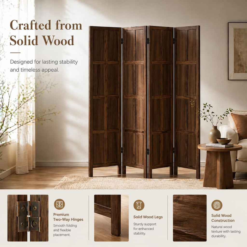 4 Panel Solid Wood Room Divider Folding Privacy Screen Brown