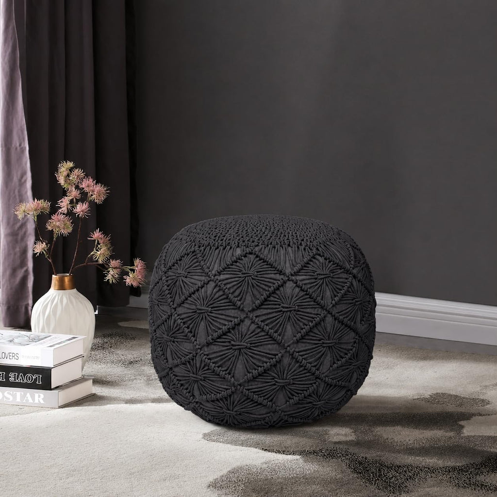 Macrame Pouf Ottoman 20x20x14 Grey Handwoven Dori Footrest Stool