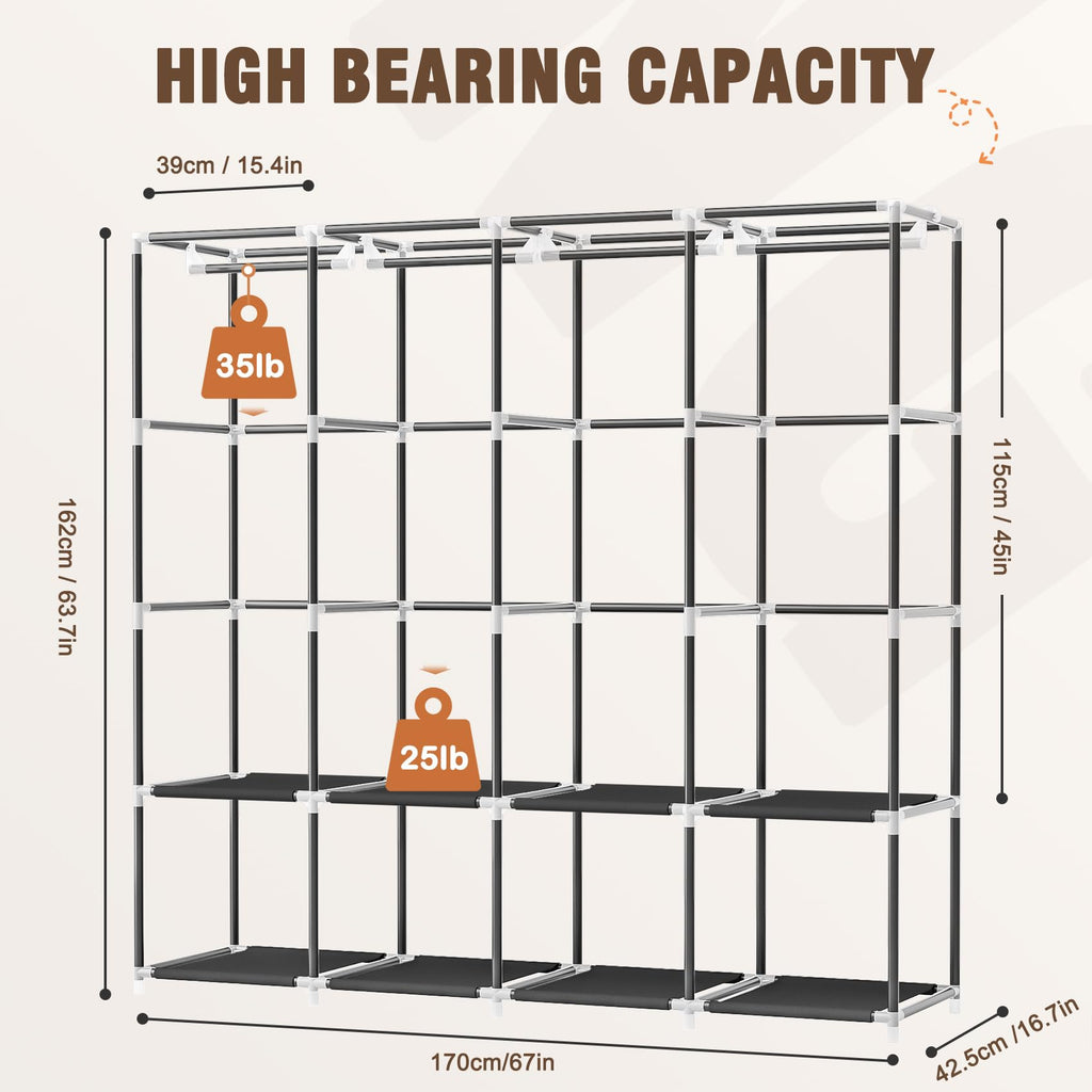 Wardrobe Closet, 66 Inch Portable Closet for Hanging Clothes, Large Capacity Clothes Rack Organizer with Cover & 4