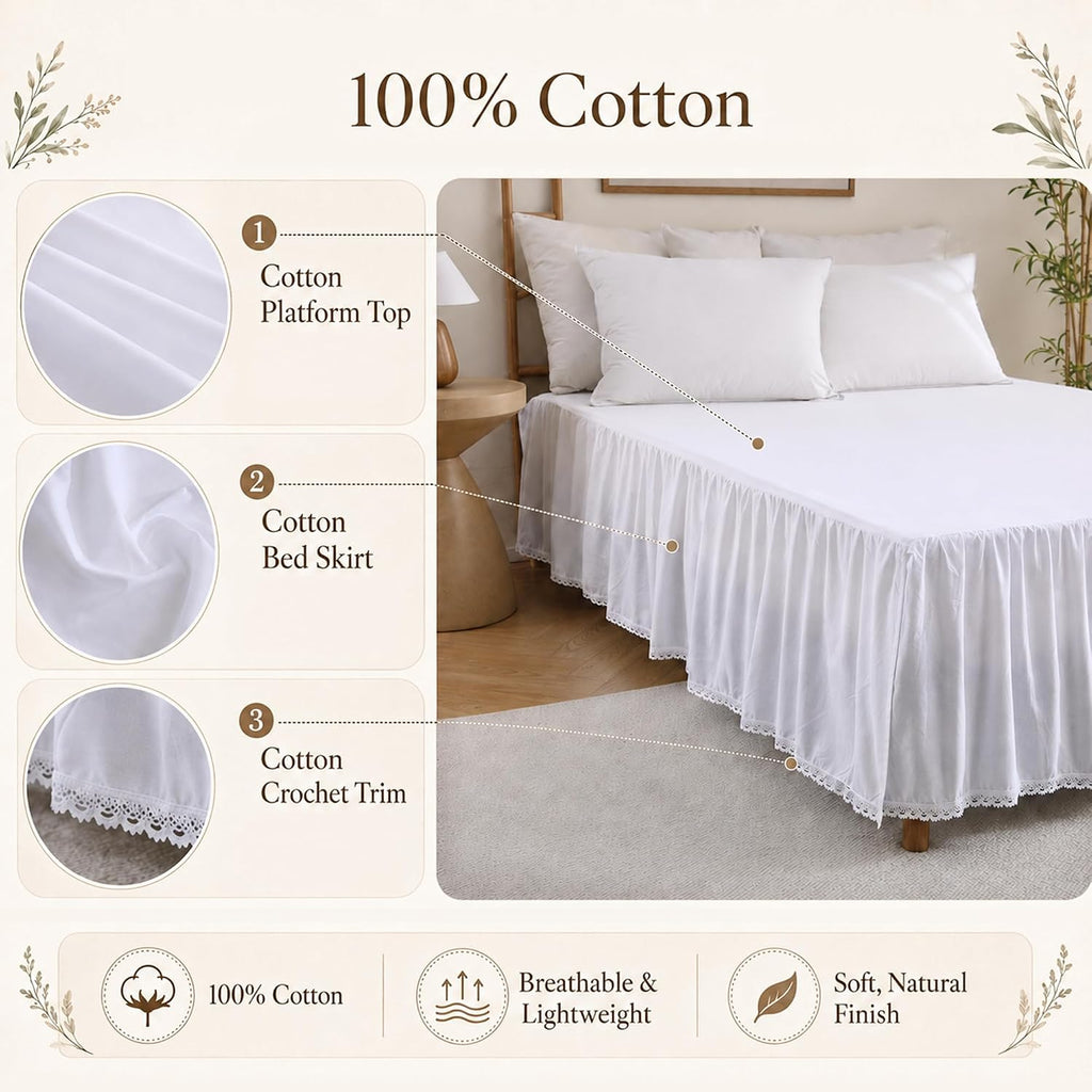 White Bed Skirt King, 14-Inch Drop, 100% Cotton, Split Corners | Crochet trim dust ruffle in lightweight cotton;