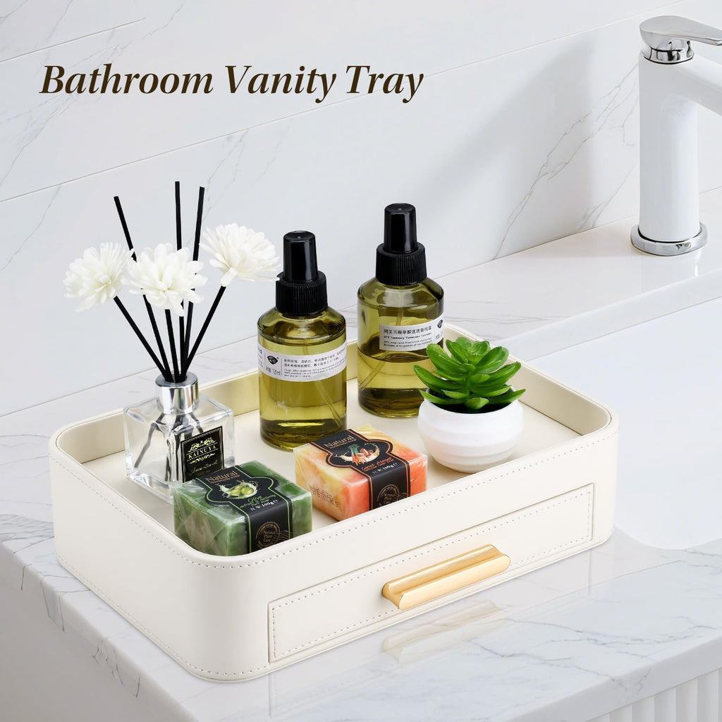 PU Leather Valet Tray with Drawer, Nightstand Organizer Catch All Tray for Jewelry Perfume Purse Trinket Key Holder
