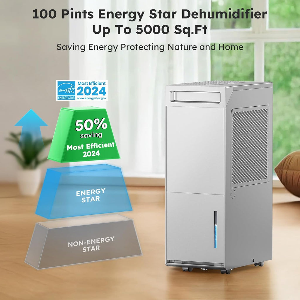 5000 Sq.Ft Energy Star Most Efficient 2024 Dehumidifier, Max 100 Pint Dehumidifier for Basement with Drain Hose