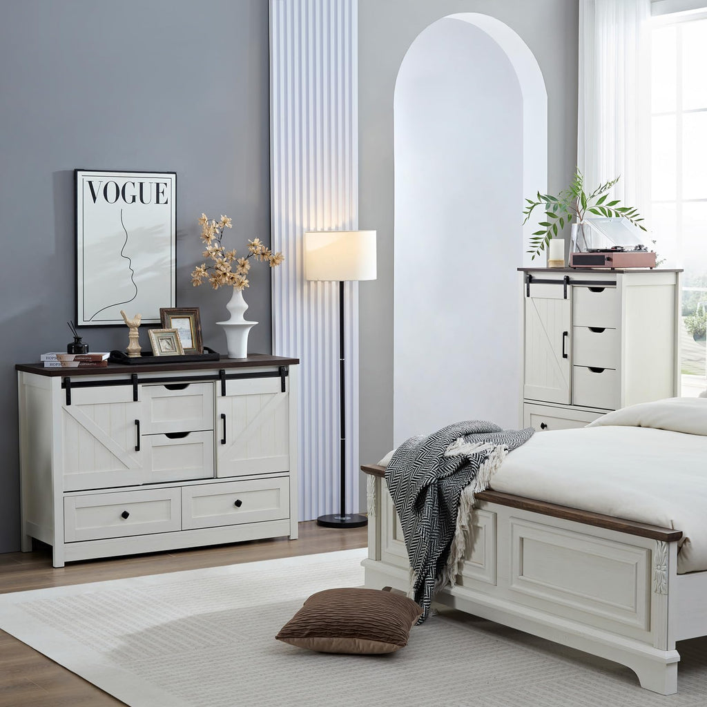 White Dresser with 5 Drawers, 48" Tall w/Sliding Barn Door, Farmhouse 5 Chest of Drawers, Antique White