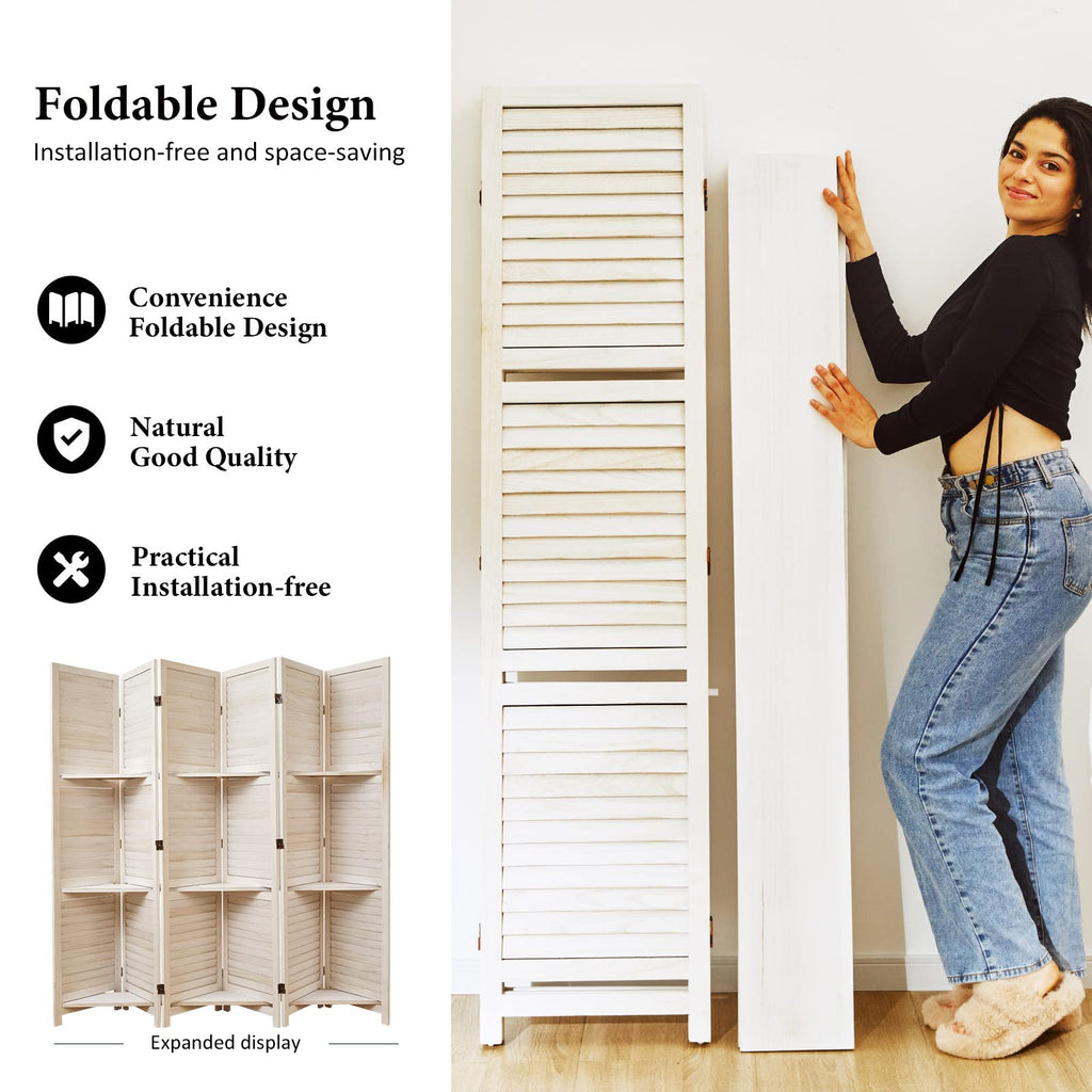 Partition Room Dividers, Folding Wood Privacy Screen with Three Display Shelves Suitable, Study, Art Display - 6