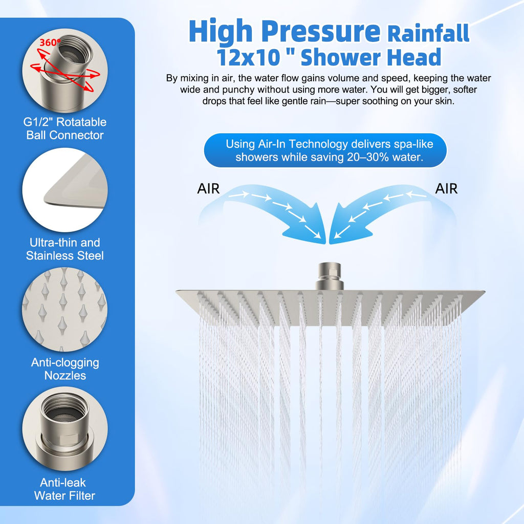 12" Metal Rain Shower Head with Filter Handheld 10-Spray Combo, Easy Reach