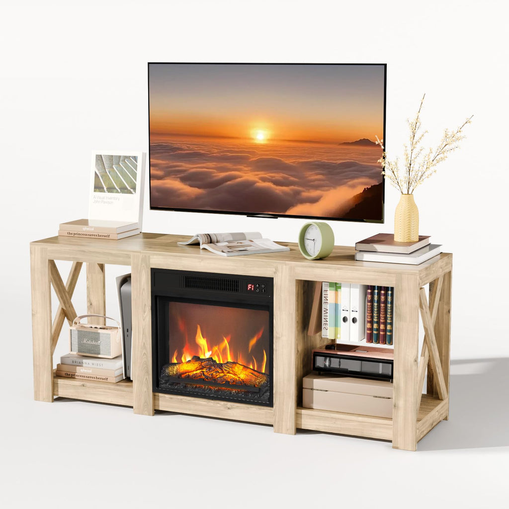 For up to 70 inch TVs, Farmhouse Entertainment Center with Electric Fireplace Heater & Adjustable Shelves, Fireplace