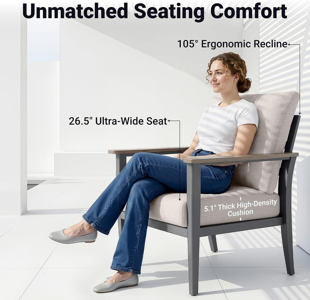 Aluminum Outdoor Patio Furniture Set with 5.1-Inch Cushions | 6-Piece: 3-Seat Sofa, 2 Swivel Rocking Chairs, Side