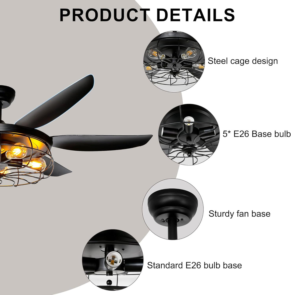 Ceiling Fans with Lights and Remote - 52 Inch Farmhouse Ceiling Fan with Caged Light Fixture - Black Industrial