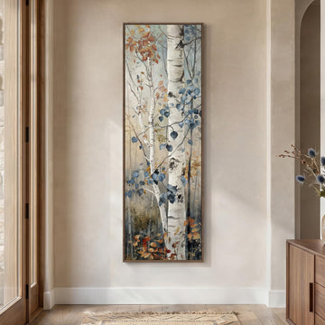 Framed Long Narrow Modern Birch Tree Landscape Vertical Wall Art, 18x56 In