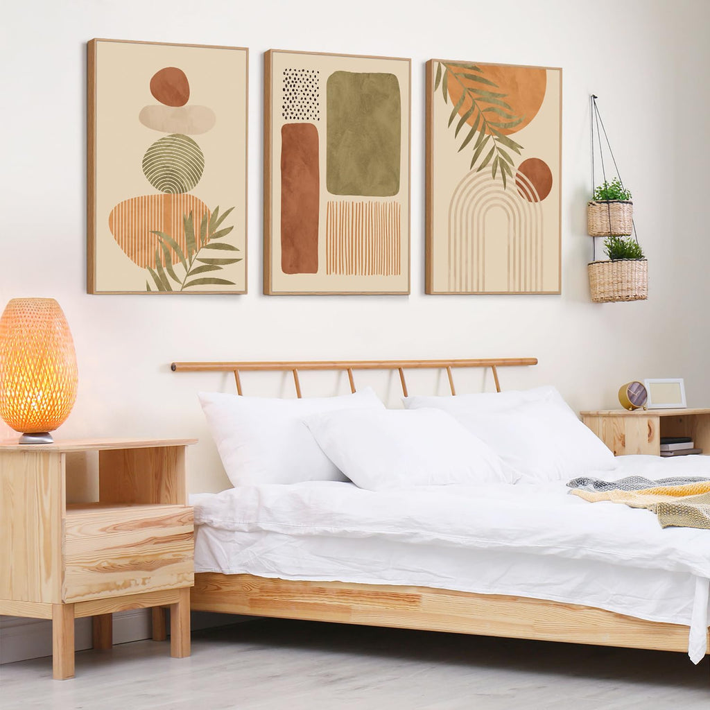 Boho Abstract Sage Framed Canvas Wall Art, Bohemian Neutral Wall Decor, Mid Century Beige Painting, Natural Minimalist