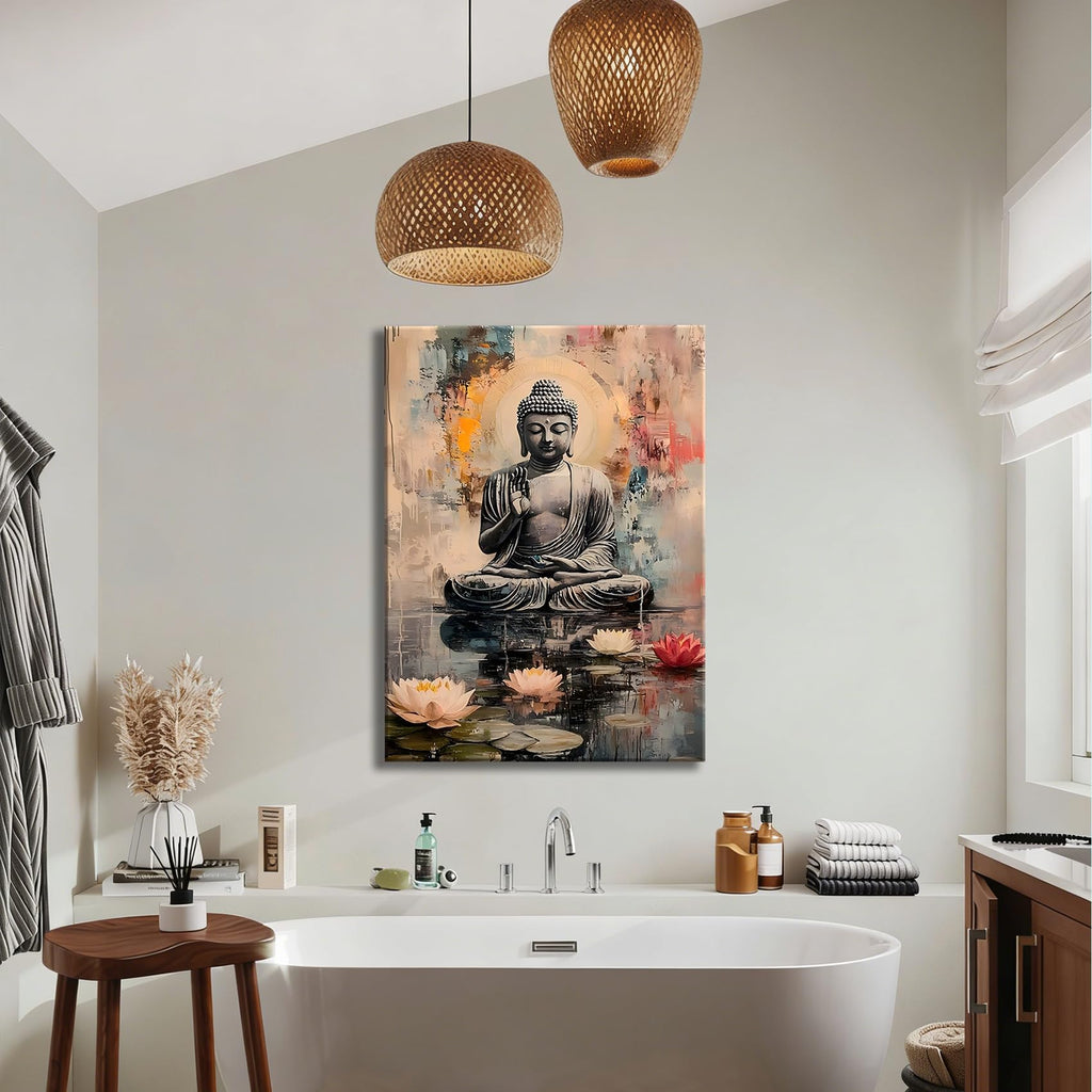 Framed Abstract Buddha Lotus Canvas Wall Art, Colorful Impressionist Buddha with Water Lily Canvas Prints Pictures