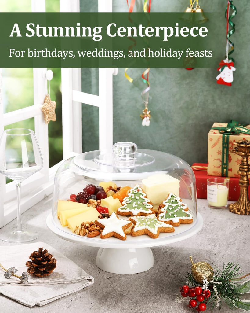 12 Inch Porcelain Cake Stand with Acrylic Dome Lid, White Pedestal