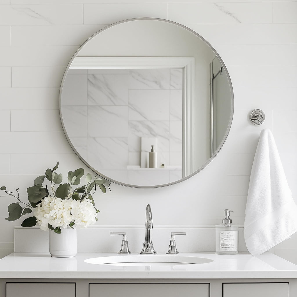 Round Mirror, 24 inch Silver Circle Mirror,Bruhsed Nickel Metal Frame
