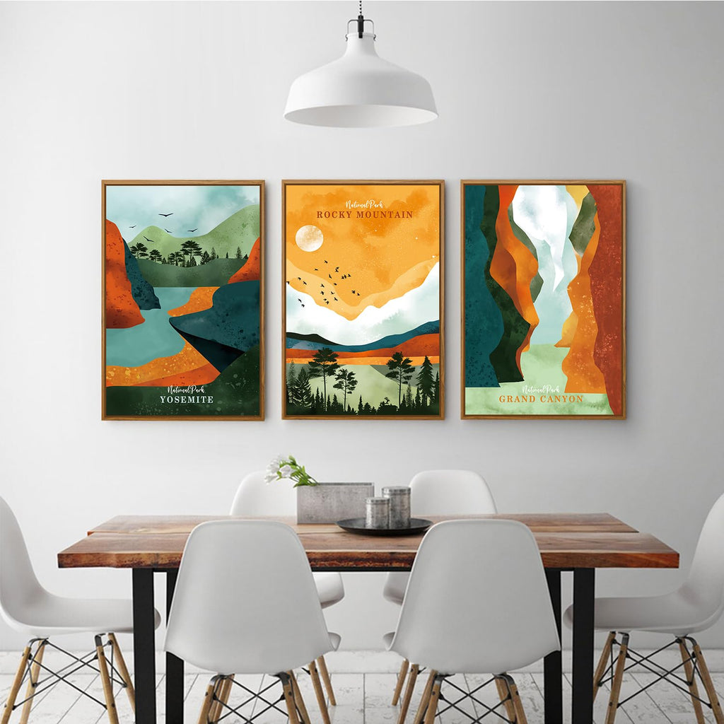 National Park Framed Canvas Wall Art Set, Grand Canyon Yosemite Rocky Mountain Wall Decor, Forest Lake Wall Painting