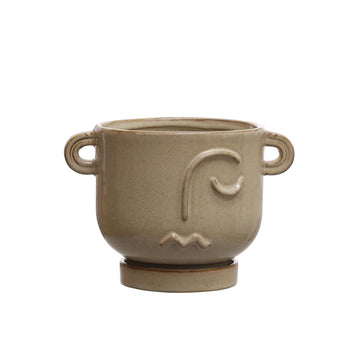 8.25 Inches Stoneware Face Planter with Reactive Glaze, Handles, and Saucer, Holds 5 Inches Pot, Cream Color