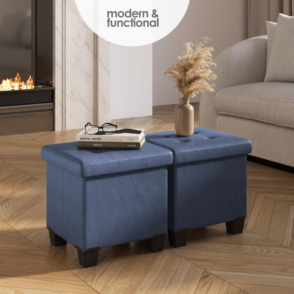 Storage Ottoman Cube with Small Bin, 15-in Square Ottoman with Storage, Small Ottomans Foot Rest, Leather Foot