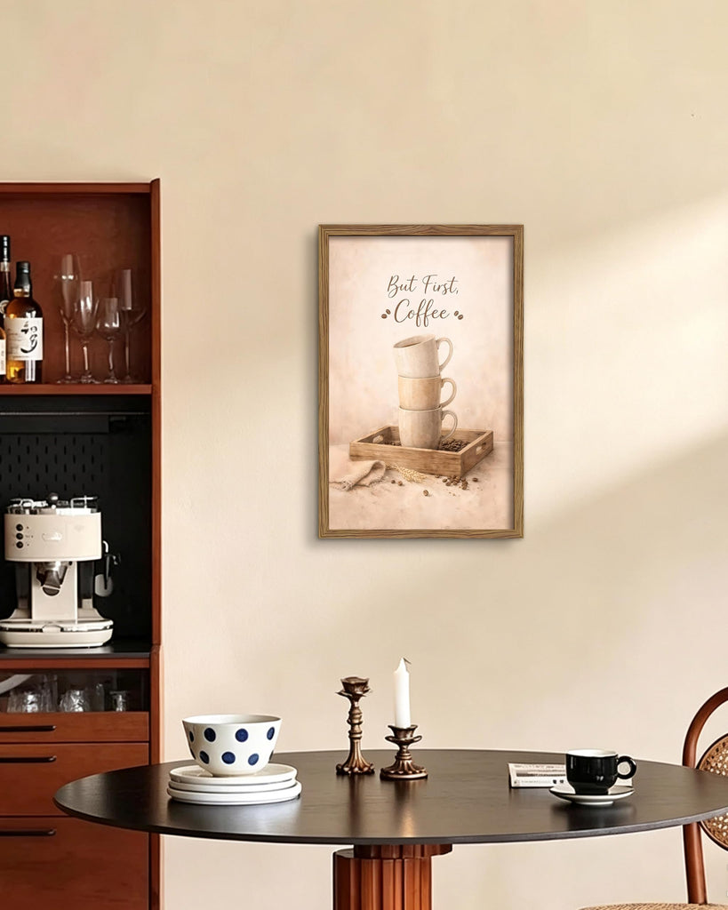 Framed Coffee Wall Art, But First Coffee Kitchen Wall Decor Painting Picture, Rustic Farmhouse Canvas Print Poster