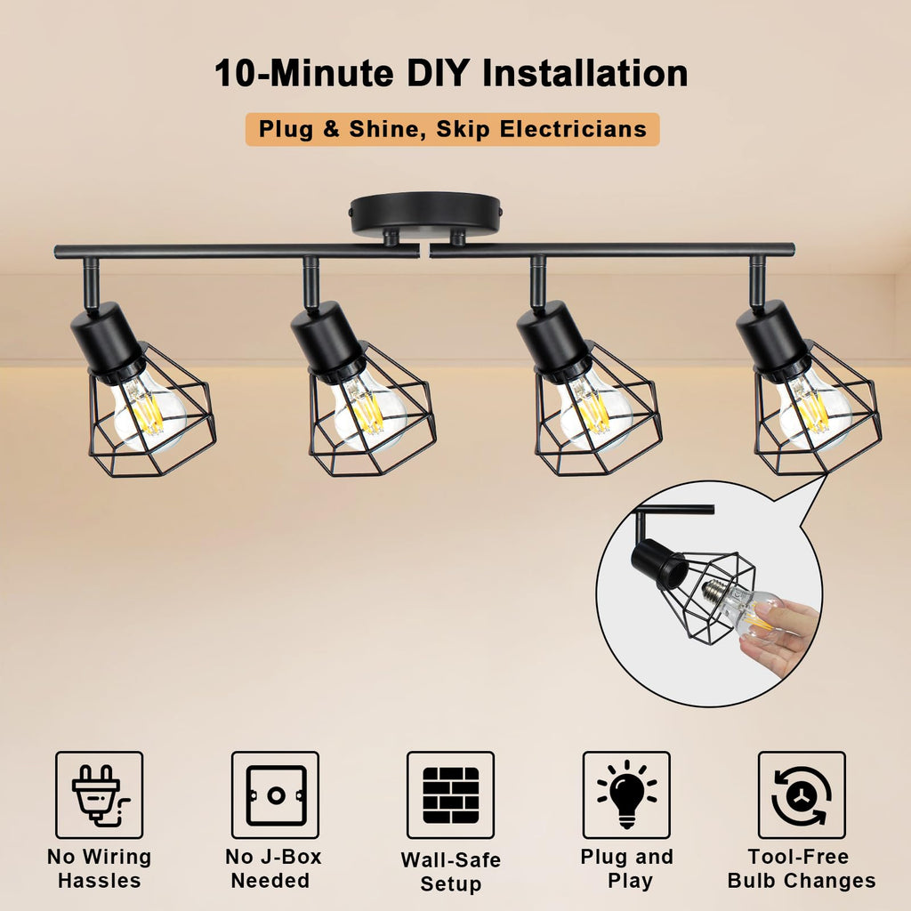 Plug in 4-Light Track Lighting Fixtures Ceiling Adjustable, Black
