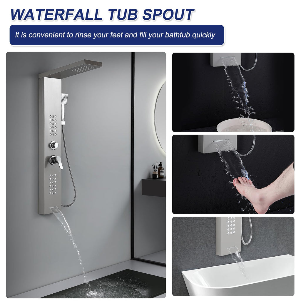 4 in 1 Rainfall Shower Panel Tower with Powerful Body Jets, Brushed