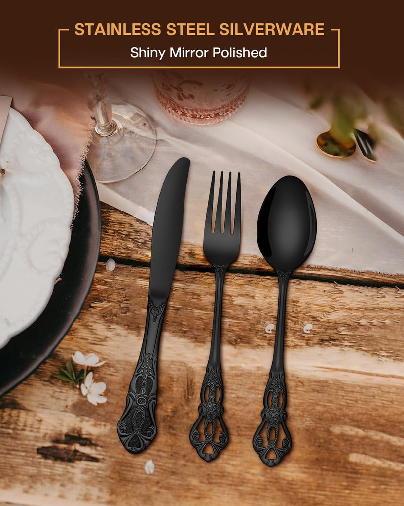40 Pieces Black Silverware Set, Royal Retro Flatware Set for 8, Stainless Steel Cutlery Set with Luxury Forks Spoons