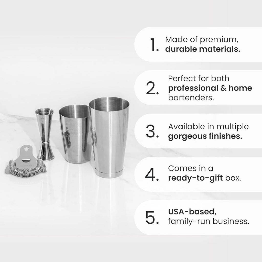 Cocktail Shaker Set, 4-Piece Professional Bartender Kit with Boston Shaker, Strainer and Jigger, Stainless Steel Bar
