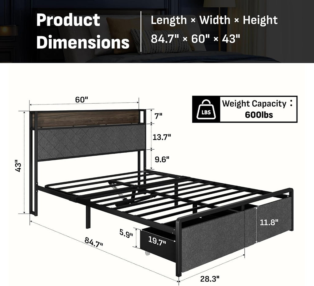 Queen Adjustable Bed Frame with Storage Headboard and Charging Station, Power Head Lift with 2 Footboard Drawers