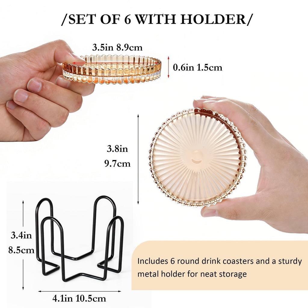 Champagne Modern Clear Coaster 6-Pack Glass Coasters for Drinks with Holder