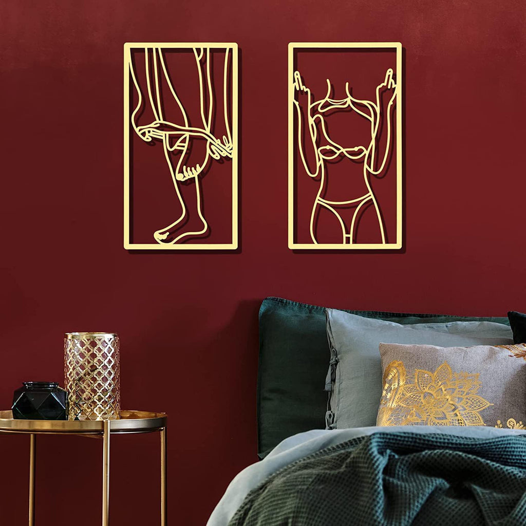 4-Piece Abstract Line Metal Wall Art Print Decor Line Drawing Home Hanging Wall Art Bedroom Wall (Gold) - Set of 4
