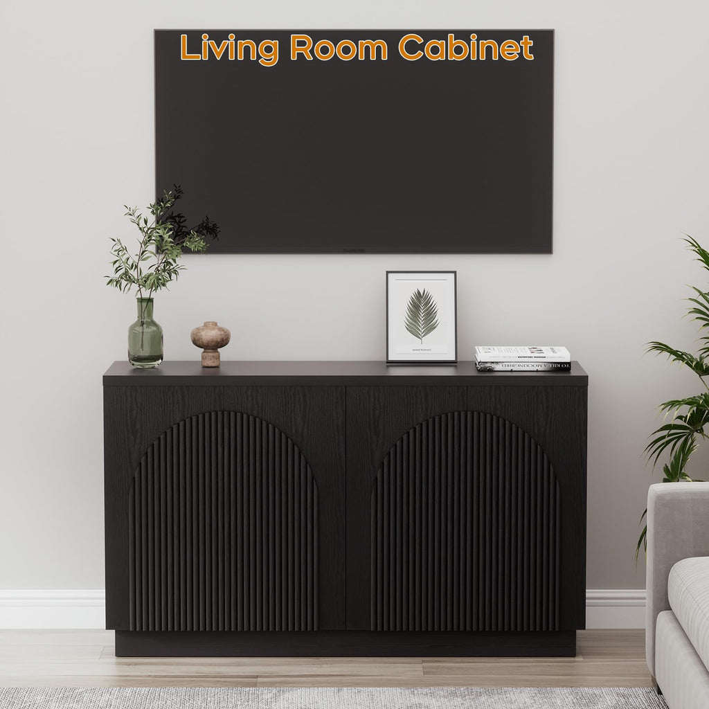 55" Fluted Sideboard Buffet Cabinet with Storage, Credenza, Black