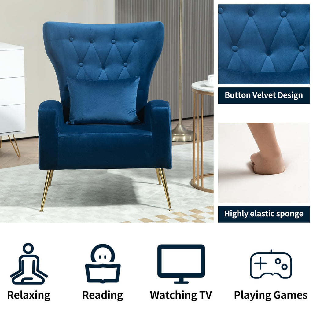 Button-Tufted Living Room Chairs Set of 2, WingBack Velvet Accent Chair Armchair with Lumbar Pillow, Bedroom Chairs