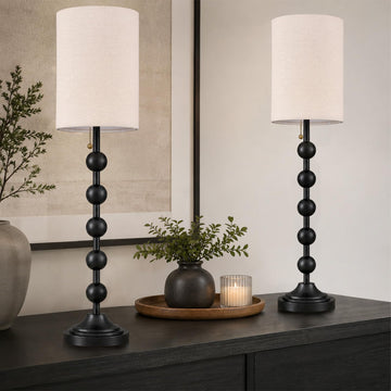 30" Tall Black Buffet Lamps Set of 2, Vintage Farmhouse Table Lamps with Textured Linen Shade, Pull Chain, Console