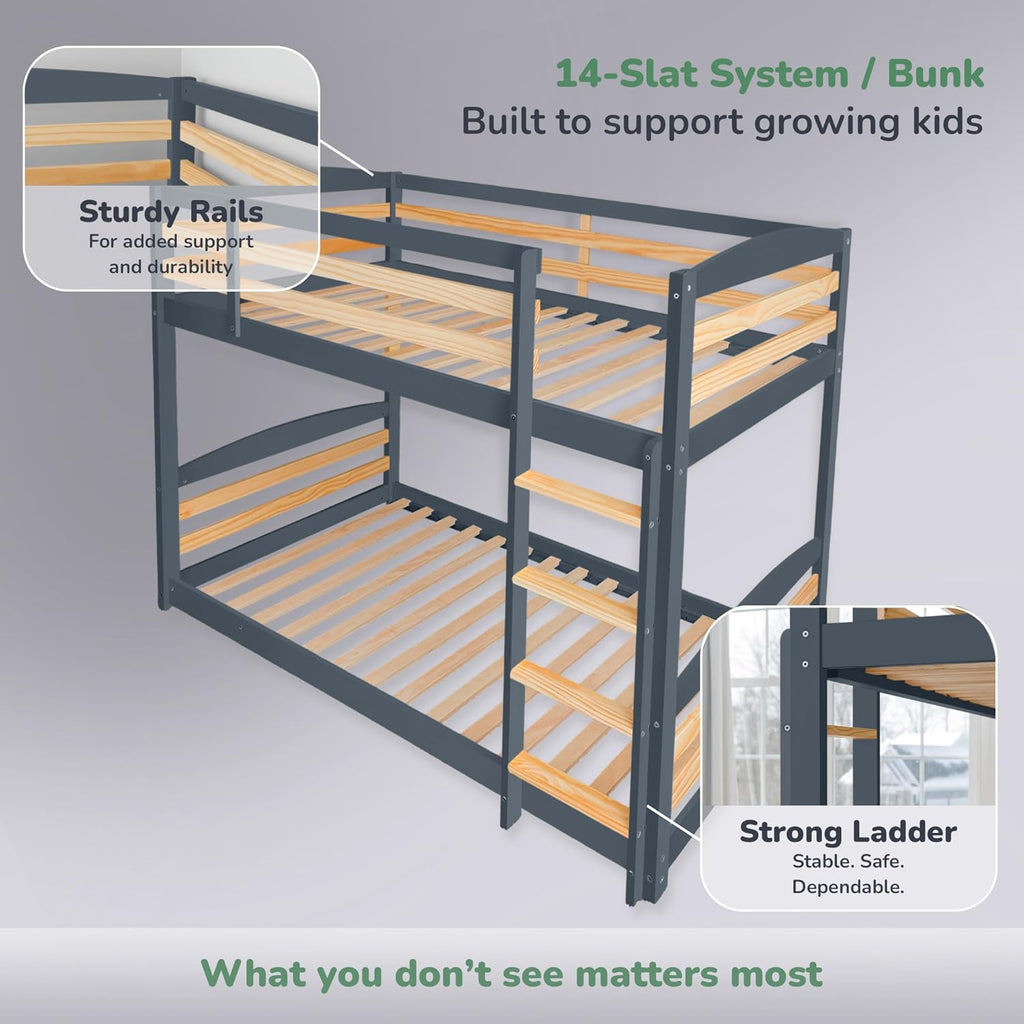 Low Bunk Bed Twin Over Twin with Unique Design for Kids and Toddlers