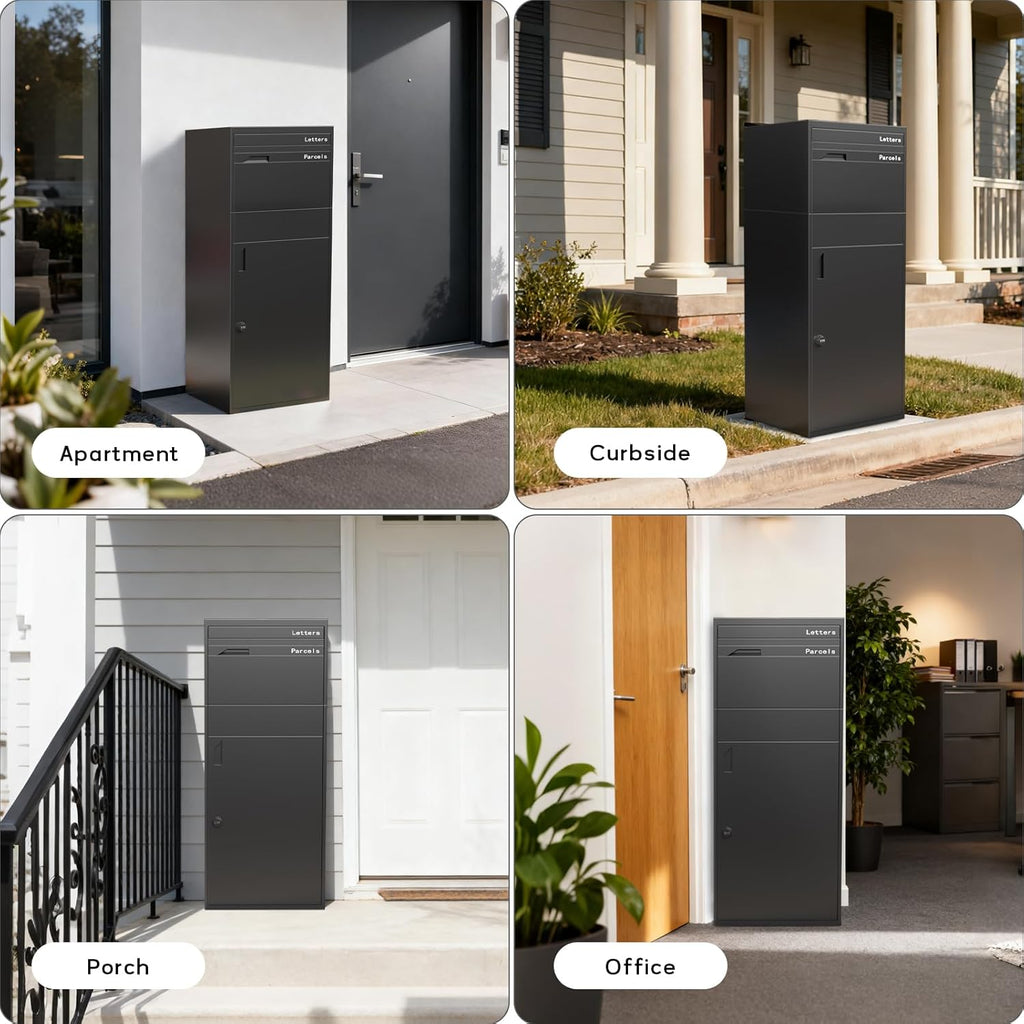 Package Delivery Box, Pre-Assembled No-Install Parcel Drop Box, Weatherproof Anti-Theft Steel Design (Forged Iron Black)