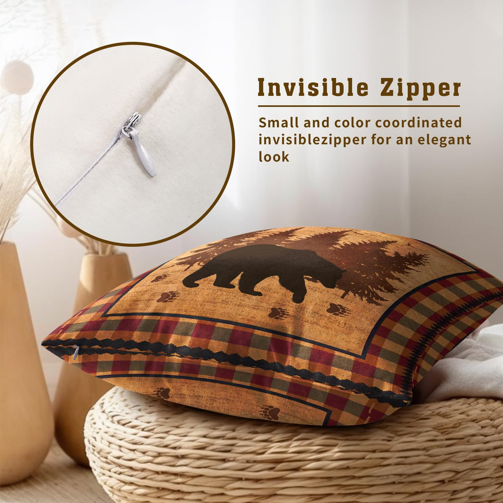 Bear Throw Pillow Covers 18x18 Inch Set of 2 Forest Cabin Nature Wildlife Square Pillowcase Buffalo Plaid Decorative