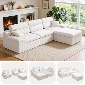 110" Sectional Boneless Sofa with Ottoman, L-Shaped Couch Bed, No-Assembly Modular Sofa, Soft Chenille Fabric Deep