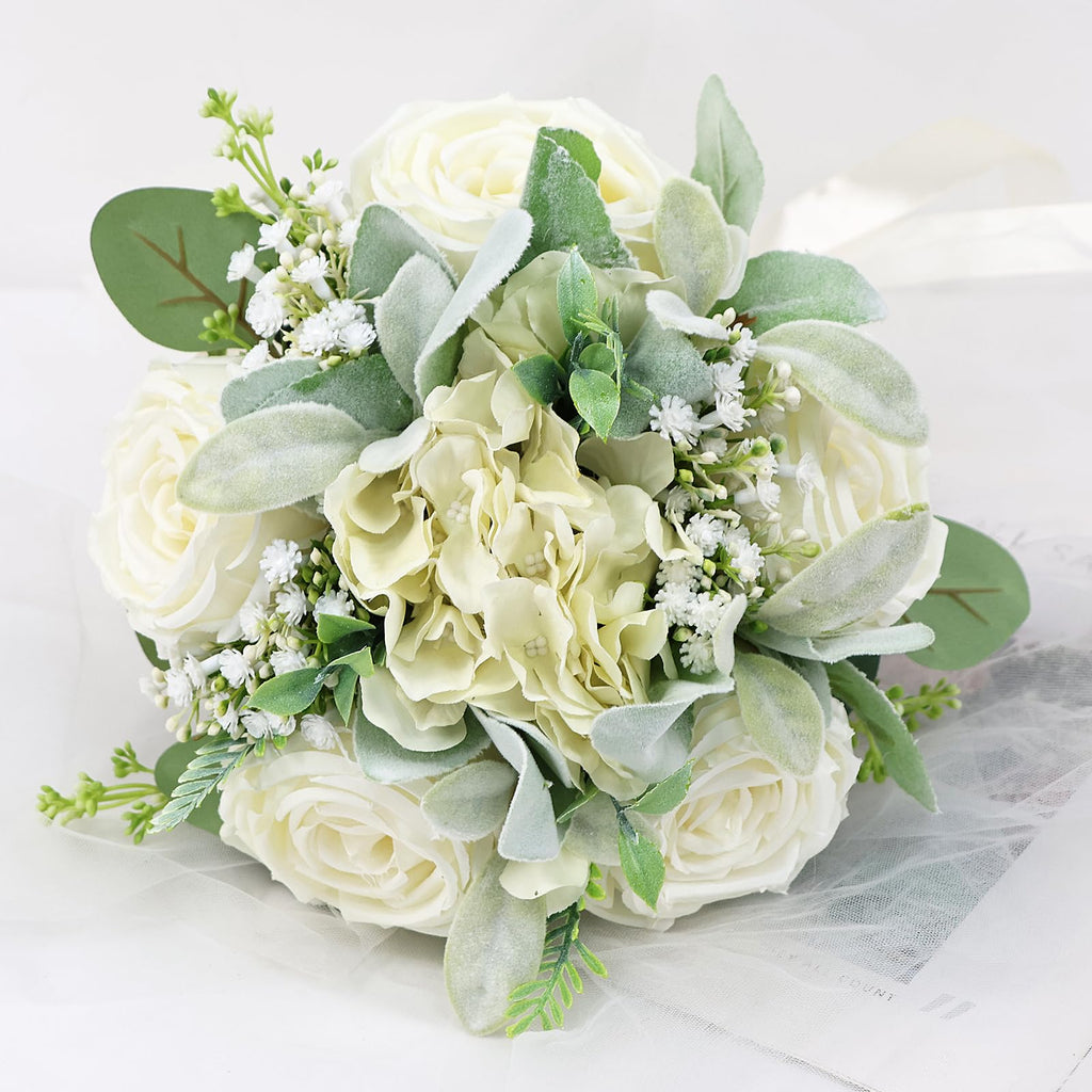 White Bridesmaid Bouquets for Wedding - Silk Artificial Ivory Bridesmaid Flowers, Pre-Made Roses Sage Green Boho