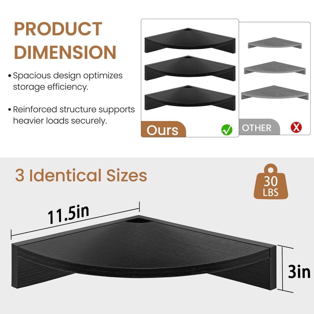 Corner Shelf Wall Mount, Wood Floating Corner Shelves, Corner Wall Shelf (Black, 3 Pack)