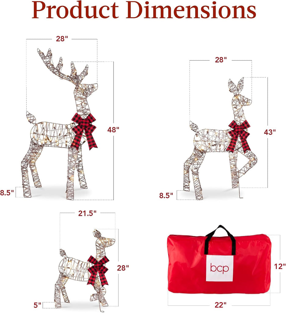 4ft 3-Piece 2D Lighted Christmas Deer Family Set, Large Outdoor Yard Reindeer Holiday Decoration with 175 LED Lights